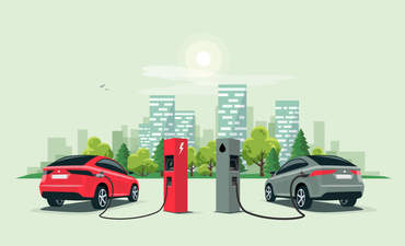 矢量插图在充电和汽油站，分别比较电和汽油的汽车。有一个城市的背景建筑的天际线。