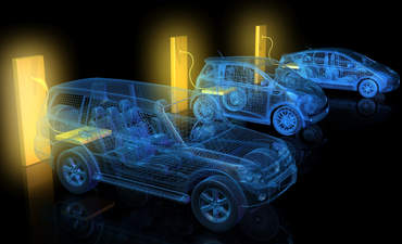 图示电动汽车从发光的黄色大电池插座充电