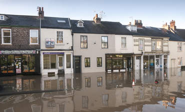 Buildings on Fishergate street under water during flood in York after the River Ouse burst its bank on December 2015.