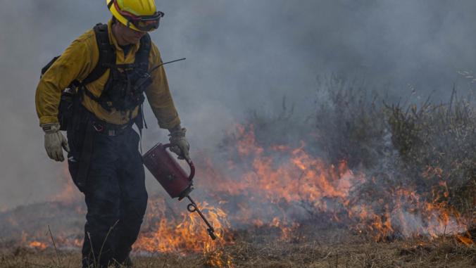 在北加州彭德尔顿消防部门一名消防队员使用规定烧伤，防止森林火灾