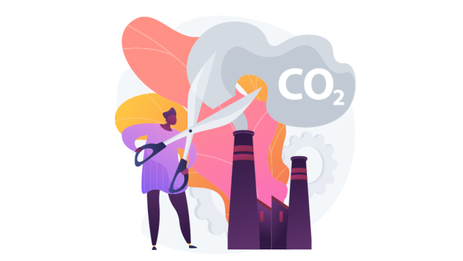 插图显示一个人减少二氧化碳代表减少,环境破坏、大气的保护。