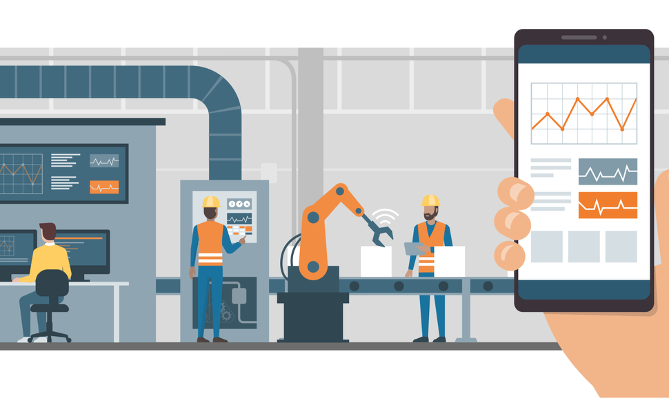 图为一个人在智能手机上使用监控应用程序，以及以工人和机器人为背景的智能自动化生产线。