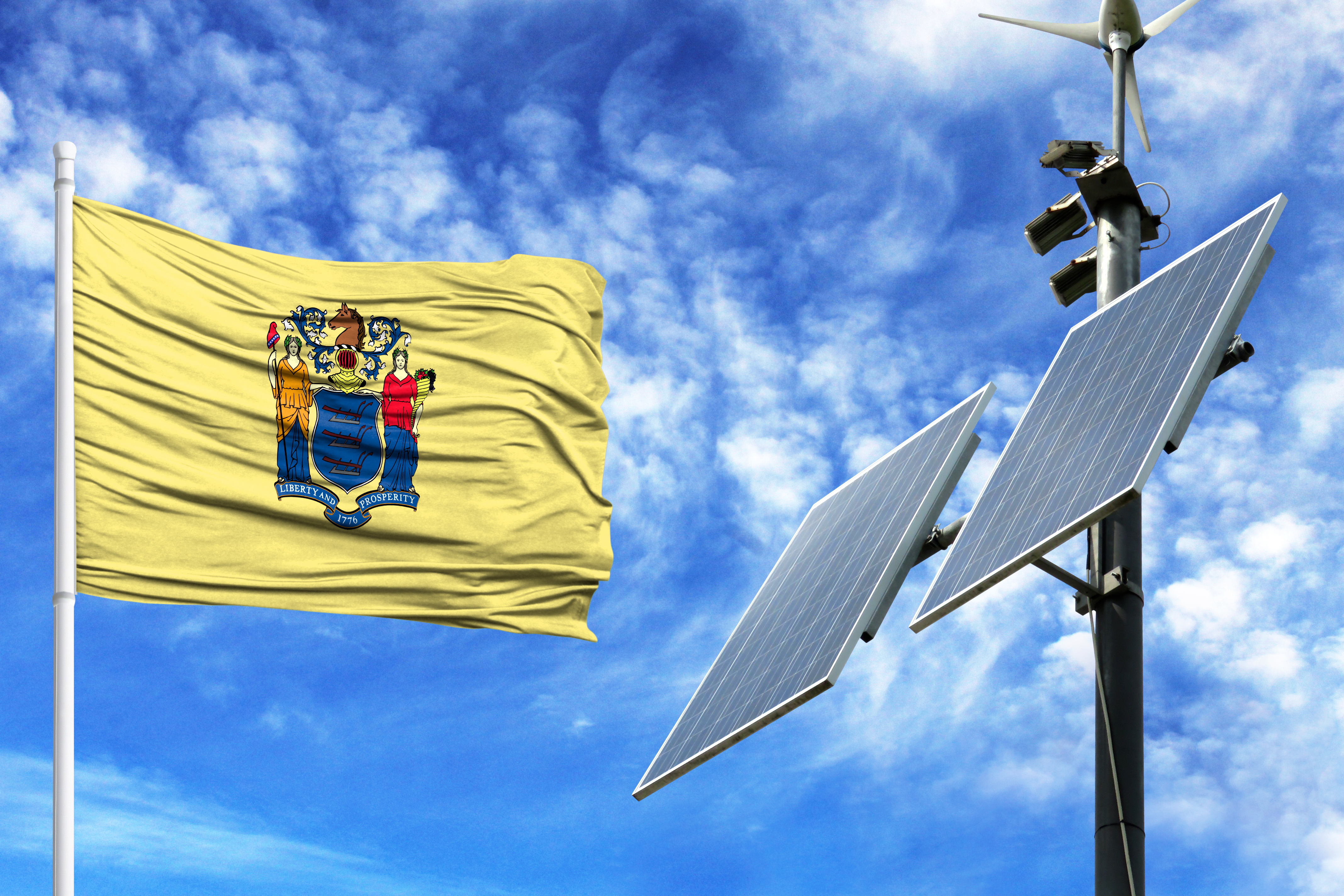 新泽西州旗与太阳能电池板