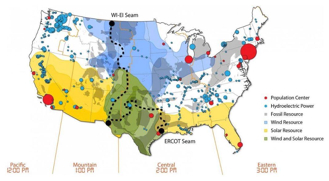 美国地图显示国家的电力系统
