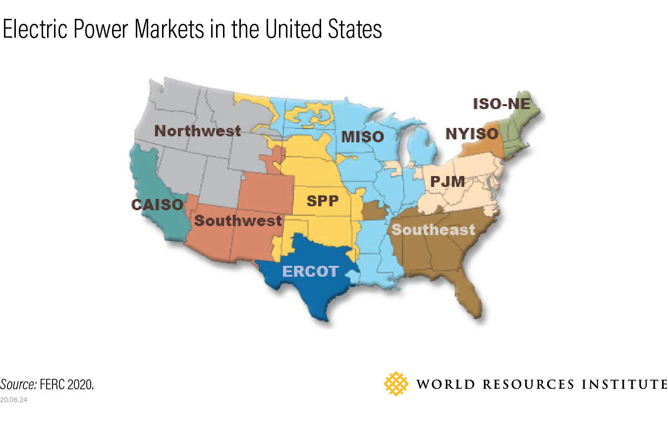 美国地图显示了全国各地的电力市场