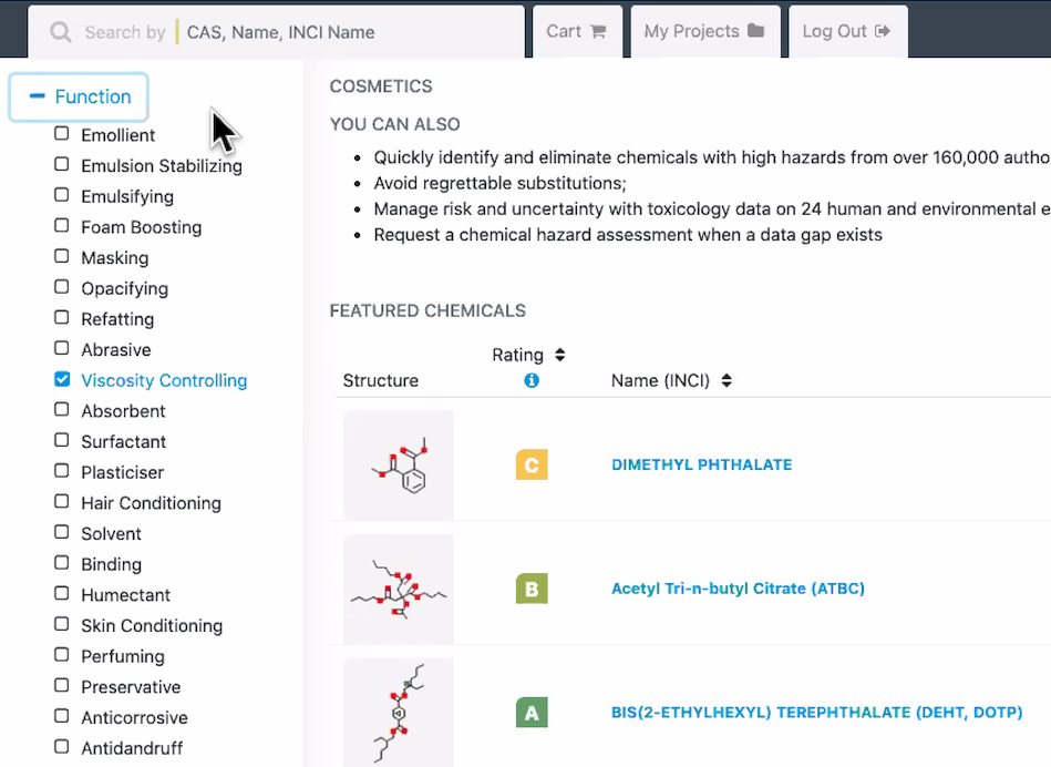 CHEMForward中使用彩色编码字母等级的化妆品成分示例视图。