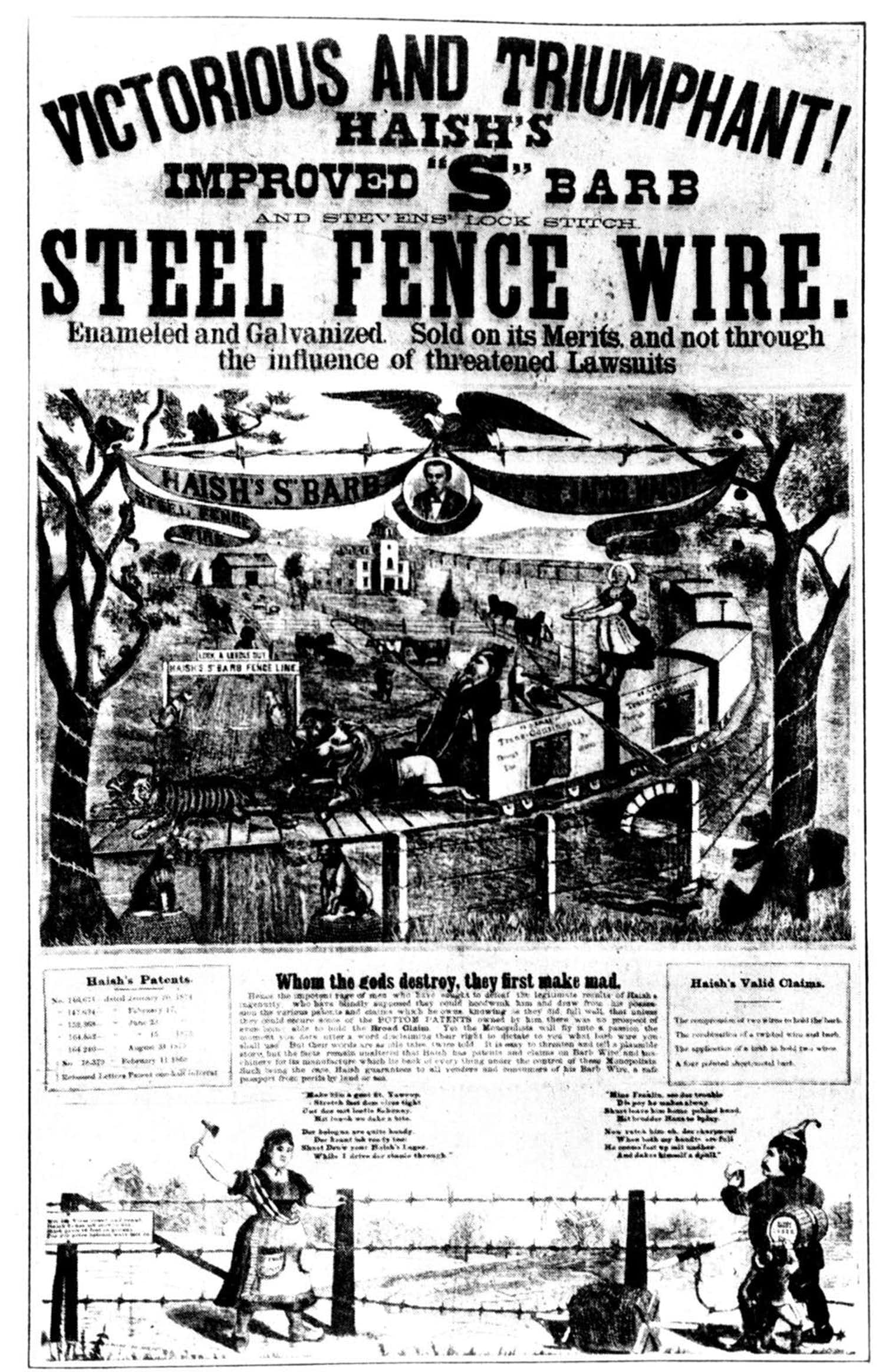 1880-1889的铁丝网围栏的早期广告。通过结束开放范围系统，铁丝网的出现大幅改变了美国西部的牧场和土地利用。