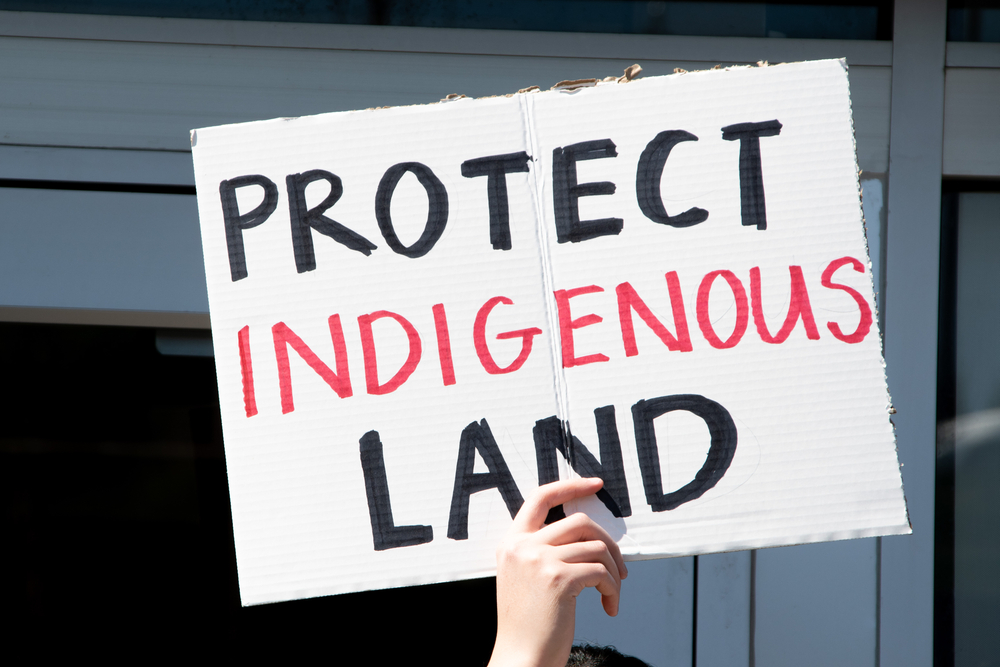 一名手持“保护原住民土地”标语的人抗议化石燃料管道通过受保护的原住民保留地，并威胁水源受污染