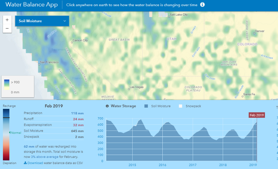 美国西部土壤湿度的ArcGIS水平衡应用程序视图