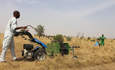 在塞内加尔北部卢加附近的一块农村地里，农民正在割草。这台机器正在切割用来喂牛的干草。