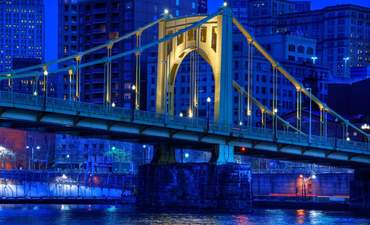 The Roberto Clemente Bridge  over the Allegheny River in Pittsburgh, Pennsylvania.