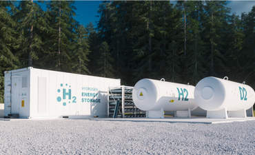 可再生能源储存的三维效果图-位于森林环境中的氢气清洁电力设施。
