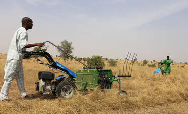 农民割草在塞内加尔北部卢加附近的农村场。机器切割干植被其将被用于喂养奶牛。