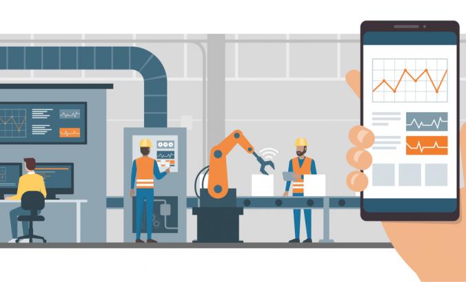 图为一个人在智能手机上使用监控应用程序，以及以工人和机器人为背景的智能自动化生产线。