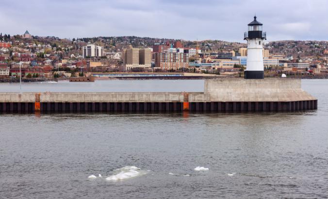 Duluth Lighthouse and Lake Superior in Duluth, Minnesota.