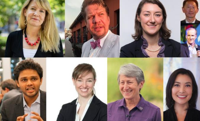 Clockwise from top left: Jennifer Morris, The Nature Conservancy; Tom Gosselin, DNV GL; Betty Cremmins, 1T.org; Art Fong, Apple and ChemFORWARD; David Crane, The Climate Group; Elaine Hsieh, Third Derivative; Sally Jewell, TNC; Alice Steenland, Dassault Systèmes; Siddarth Hande, FICCI.