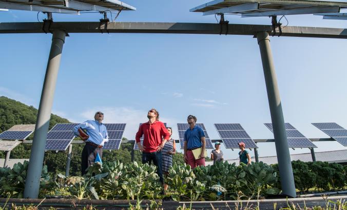 NREL researcher discuss panel orientation and spacing. Working with teams from UMass Clean Energy Extension and Hyperion on a photovoltaic dual-use research project at the UMass Crop Animal Research and Education Center in South Deerfield, MA.