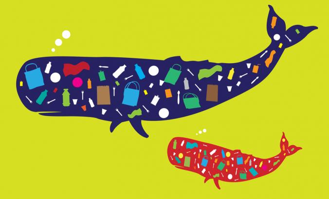 在海洋中的鲸鱼的废塑料插图。