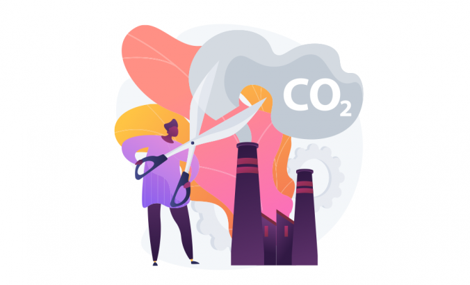 An illustration that shows a person cutting carbon dioxide to represent a reduction, environmental damage, atmosphere protection.