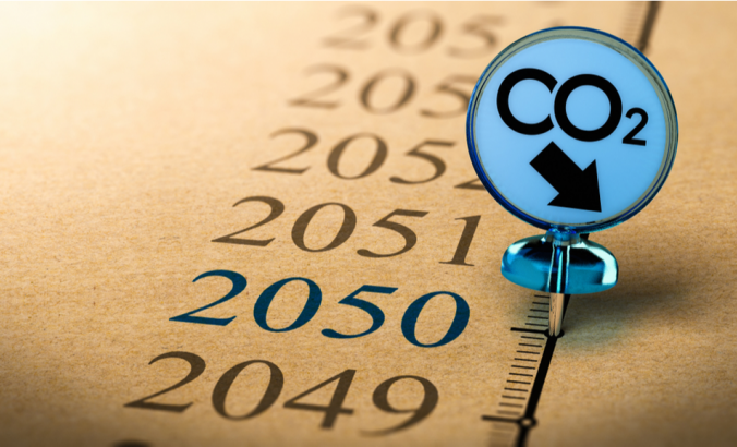 在2050年之前的时间轴上钉有“co2”字样的特殊图钉。气候计划和减少二氧化碳的概念。