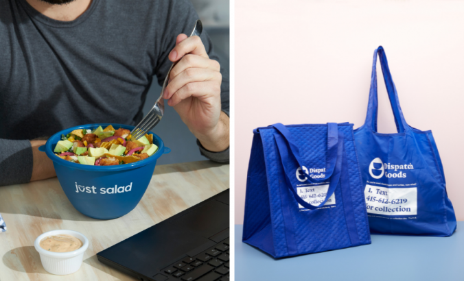 在左边：一个人在一个可重复使用的沙拉碗里吃沙拉;在右侧：来自派遣商品的两个蓝色袋子