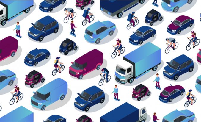 等距汽车收集。城市交通方式。越野，轿车，迷你，电动车，卡车，自行车，转帐板。