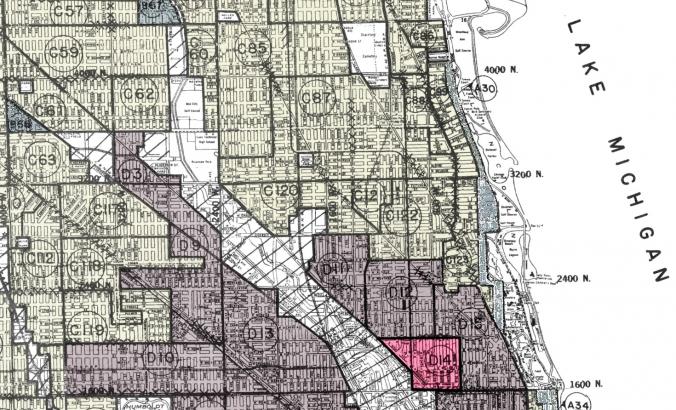 这是一幅20世纪中期芝加哥林肯公园社区的红线地图，现在这个社区已经很富裕了。