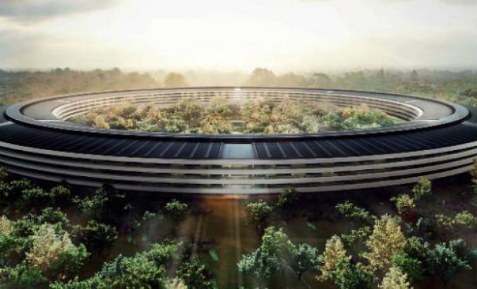 苹果公司的太空飞船般的总部库比蒂诺的渲染。