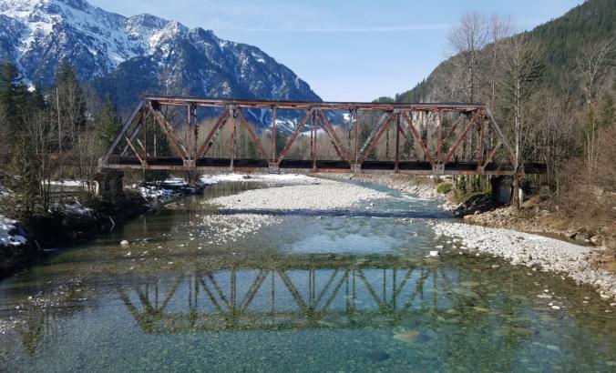 A railroad bridge over the Skykomish River in Washington state.