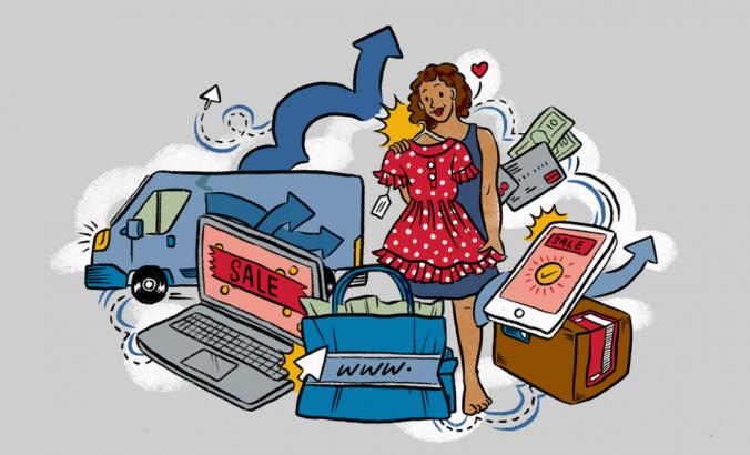  E-commerce, fast fashion, technology and logistics illustration.